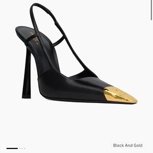 Saint Laurent Black Slingback Pointed-Toe Pump with Gold Cap
